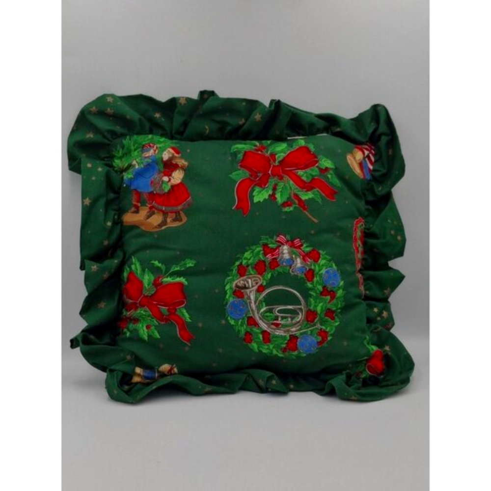 Vintage 90s 80s Y2k Decor Green Christmas Pillow W/ Holiday Prints & Ruffle Trim